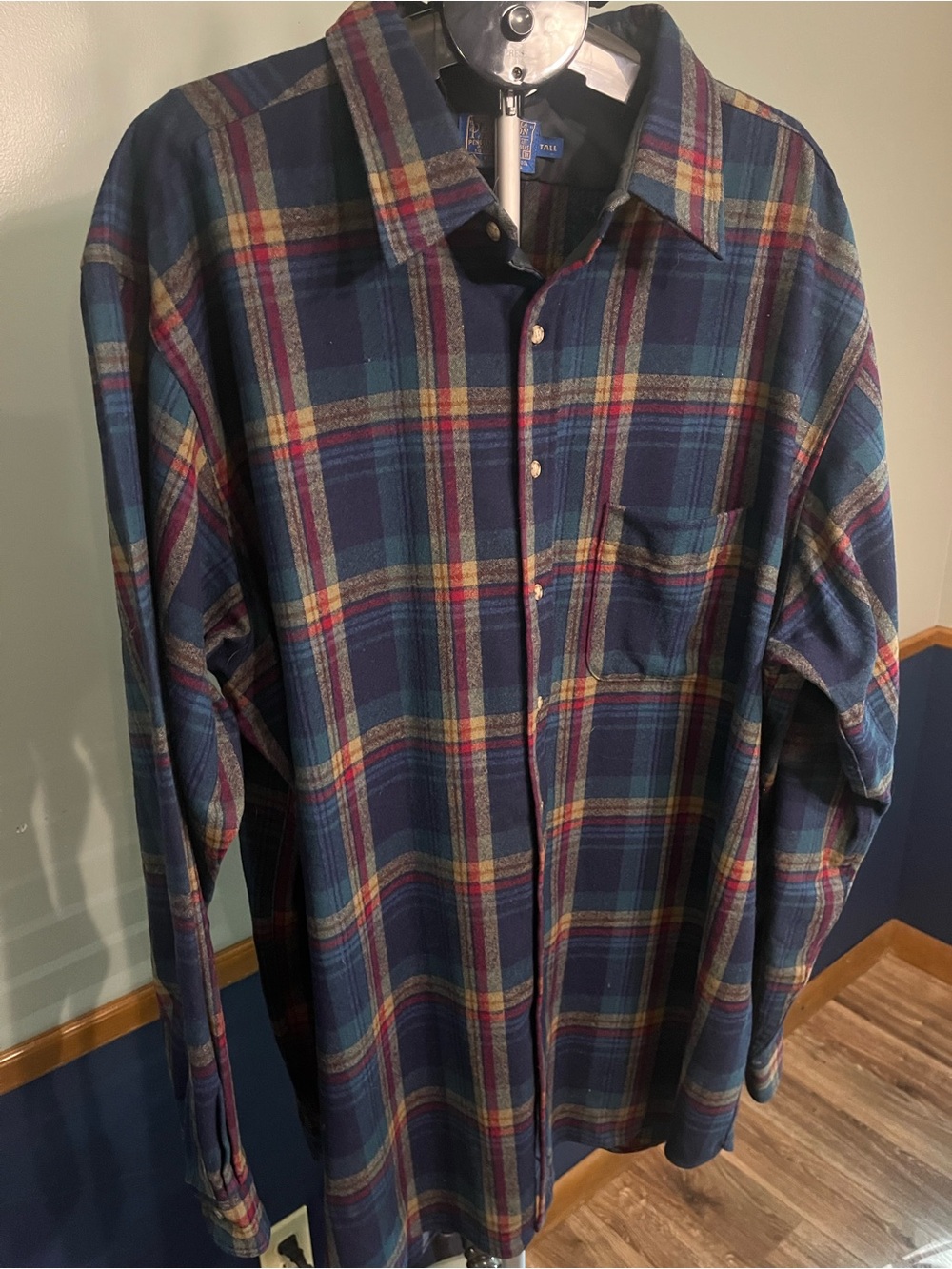 Pendleton Navy Plaid Button-Down Shirt with Red and Yellow Stripes